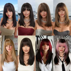 20 Inch Shoulder Length Layered Straight Synthetic Wig With Neat Bangs Heat Resistant Natural Hair Wig For Women Daily Use