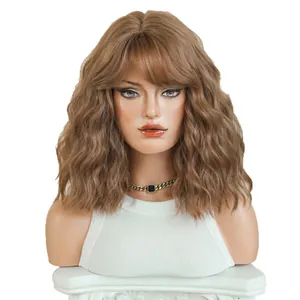 12-inch wavy brown bob wig for women with bangs and natural curly synthetic hair
