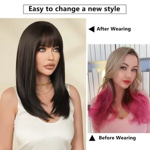 20 inch natural black straight layered wig with bangs showing before and after effect
