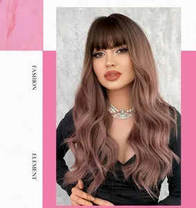 Detailed texture of wavy pinkish-brown long synthetic wig with blunt bangs on model