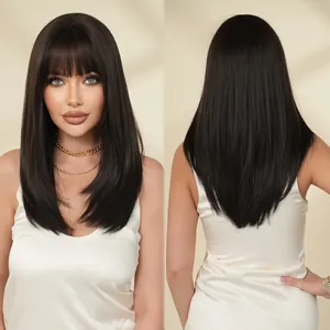 Black 20-inch straight wig with neat bangs, front and back view of natural layered hair