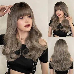 Perruque Longue Bouclée Ondulée Avec Frange Plate Marron Cendre Gris Ombré Cheveux En Fibre Synthétique Haute Température Pour Femmes