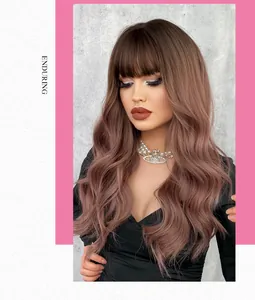 Detail of long wavy synthetic wig with bangs in gradient pink brown ombre style