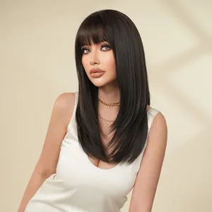 20-inch natural black long straight wig with bangs and layered ends for women
