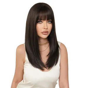 Natural black shoulder length straight wig with layered bangs and smooth texture