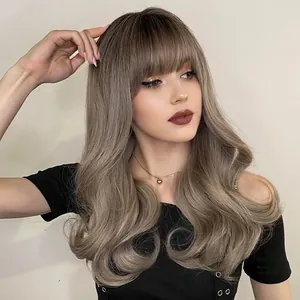 Perruque longue ondulée gris cendré avec frange, fibre synthétique pour femme, 22 pouces