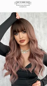 Detail of wavy long pink-brown synthetic wig with bangs and natural matte texture