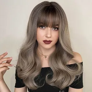 Perruque synthétique ondulée gris cendré de 22 pouces avec frange pour femmes, photo de studio