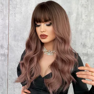 Women Long Wavy Wig With Neat Bangs Ombre Pinkish Brown Synthetic Heat Resistant Fiber Fluffy Natural Hair For Party Daily