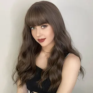 Long wavy dark brown wig with bangs, high-quality heat resistant fiber synthetic hair