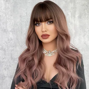 Ash mauve long wavy wig with bangs featuring natural synthetic heat resistant hair