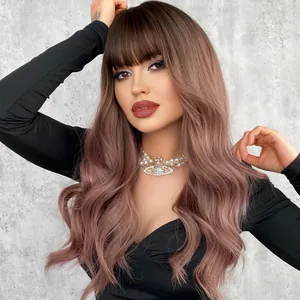 Long wavy ash purple wig with bangs, styled with voluminous layers for a natural look
