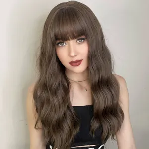 Long wavy brown wig with blunt bangs and natural waves for women's fashion