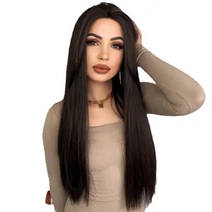 Long straight T-part lace wig for women with natural black hair and realistic hairline