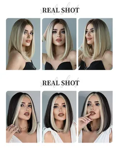 Detail view of shoulder-length bob wigs in ombre blonde and black with white highlights