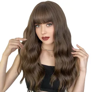 22 inch long wavy dark brown wig with neat bangs featuring natural breathable synthetic hair
