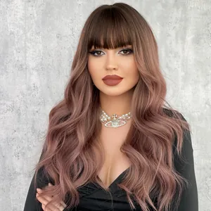 Long wavy pink brown wig with bangs and voluminous natural loose curls for women