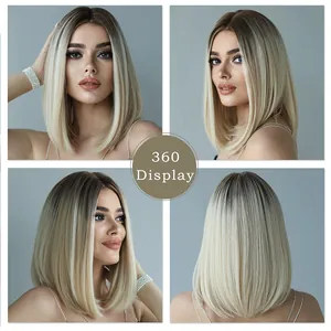 360-degree views of a shoulder-length ombre blonde bob wig with dark roots