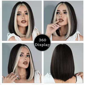 360-degree view of a shoulder-length ombre bob wig with blonde face-framing highlights