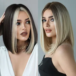 Women Straight Bob Wig With T-Part Lace Front Synthetic Fiber Heat Resistant Ombre Blonde Highlight Hair For Daily Party