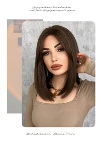 Detailed view of middle part brown short bob lace wig with smooth texture on model