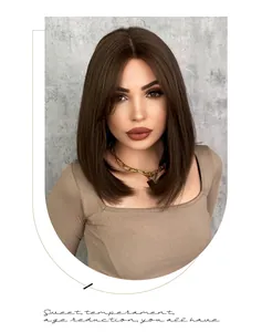 Detail view of medium length dark brown Bob wig with sleek straight inner-buckle ends
