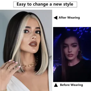 Shoulder-length blonde highlighted bob wig for women shown in a before and after comparison