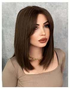 Detailed texture of brown shoulder-length bob wig with middle part on fashion model