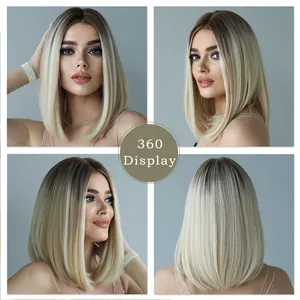 360-degree view of women's shoulder-length ombre platinum blonde bob wig with dark roots