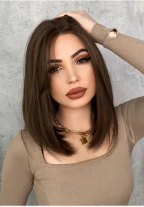 Close-up of the natural dark brown synthetic middle part Bob wig with high gloss finish