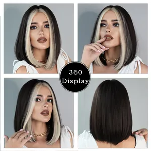 Shoulder-length bob wig for women with dark brown hair and blonde highlight streaks