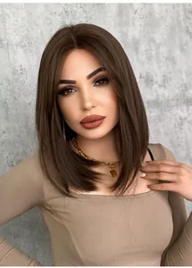 Close-up of short straight dark brown Bob wig with lace front and natural center part