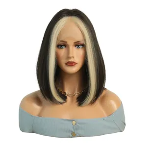 Short bob wig with black hair and symmetrical blonde face-framing highlights