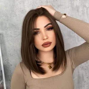 Natural dark brown middle part synthetic Bob lace wig with smooth straight shoulder length hair