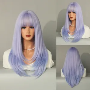 Three-view display of a lavender long straight wig with bangs showing all angles