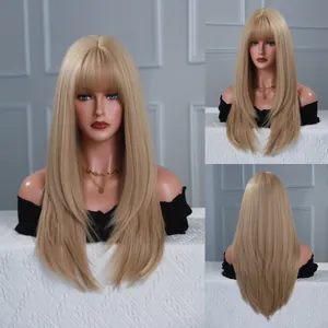 Detailed front side and back views of a long straight blonde wig with air bangs