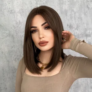 Brown middle part short straight Bob lace wig for women with sleek shoulder-length synthetic hair