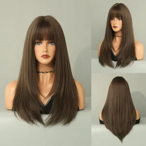 Detailed views of brown long straight wig with bangs showing front, side and back texture