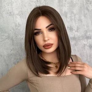 Deep brown middle part short straight Bob lace wig worn by a female model with sleek finish
