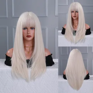 Three-way view of platinum blonde long straight wig with bangs and layered ends
