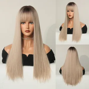 Detailed views of long straight ombre blonde wig with bangs from front, side and back