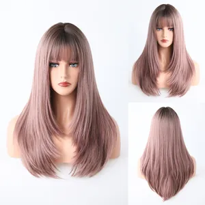 Detail of long layered straight pink wig with bangs and dark roots on a mannequin