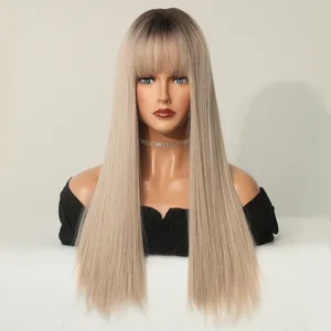Long straight champagne blonde ombre wig with bangs for women, 25 inch synthetic hair