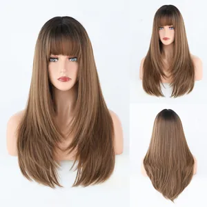 Detailed views of long layered brown wig with bangs showing front side and back angles