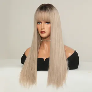 25-inch long straight blonde wig with bangs and dark roots on a model head