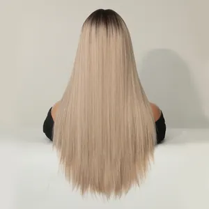 24-inch ombre champagne gold long straight wig with bangs and dark roots back view