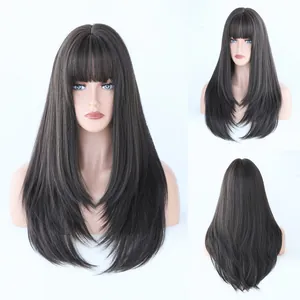 Three-angle view of long straight dark brown hair wig with blunt bangs and layered ends
