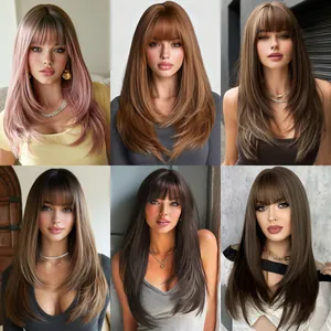 Women Long Straight Layered Wig With Flat Bangs High Temperature Synthetic Fiber Natural Looking Full Head Wig For Daily Party