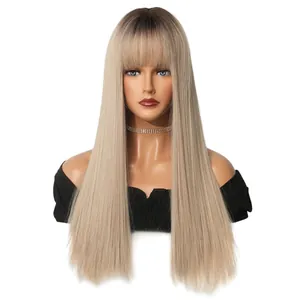 Champagne blonde long straight wig with bangs and dark roots on white background