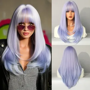 Lavender purple layered wig with bangs showing front and back views on a model